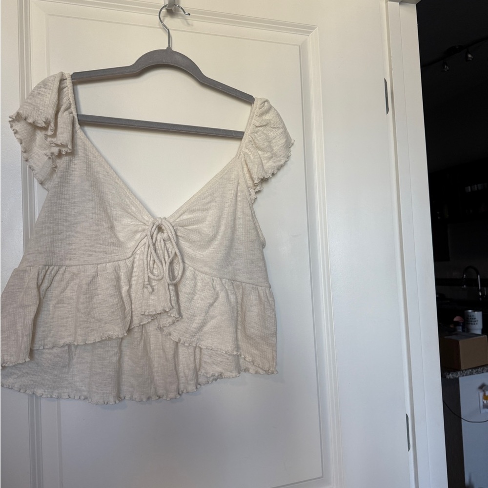 American Eagle Outfitters Tan Ruffled Tie-Front Blouse
